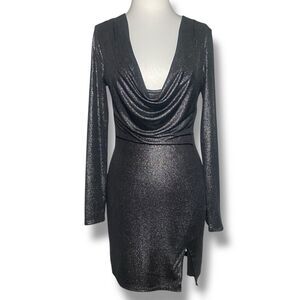 h:ours Deep Cowl Neck Mini Short Dress Grey Metallic Women's Size S Front Slit